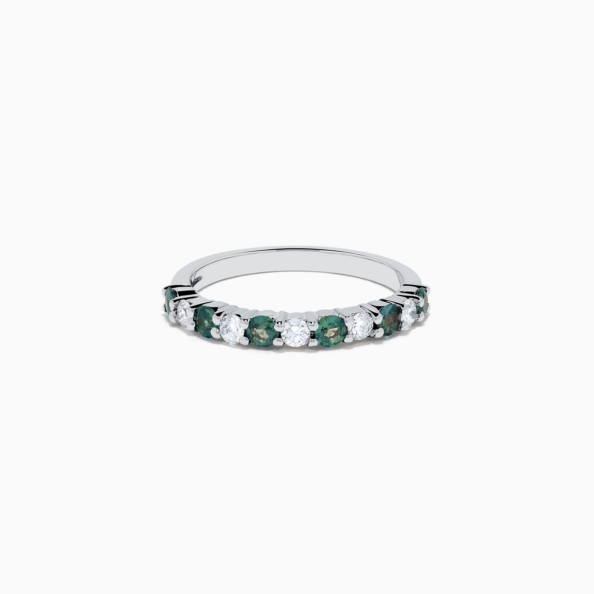 The Effy Hematian 14K White Gold Alexandrite and Diamond 11-Stone Ring showcases alternating green alexandrite and white diamonds along the band, set against a plain white background.