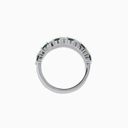 The Effy Hematian 14K White Gold Alexandrite and Diamond 11-Stone Ring showcases alternating green alexandrite and white diamonds along the band, set against a plain white background.