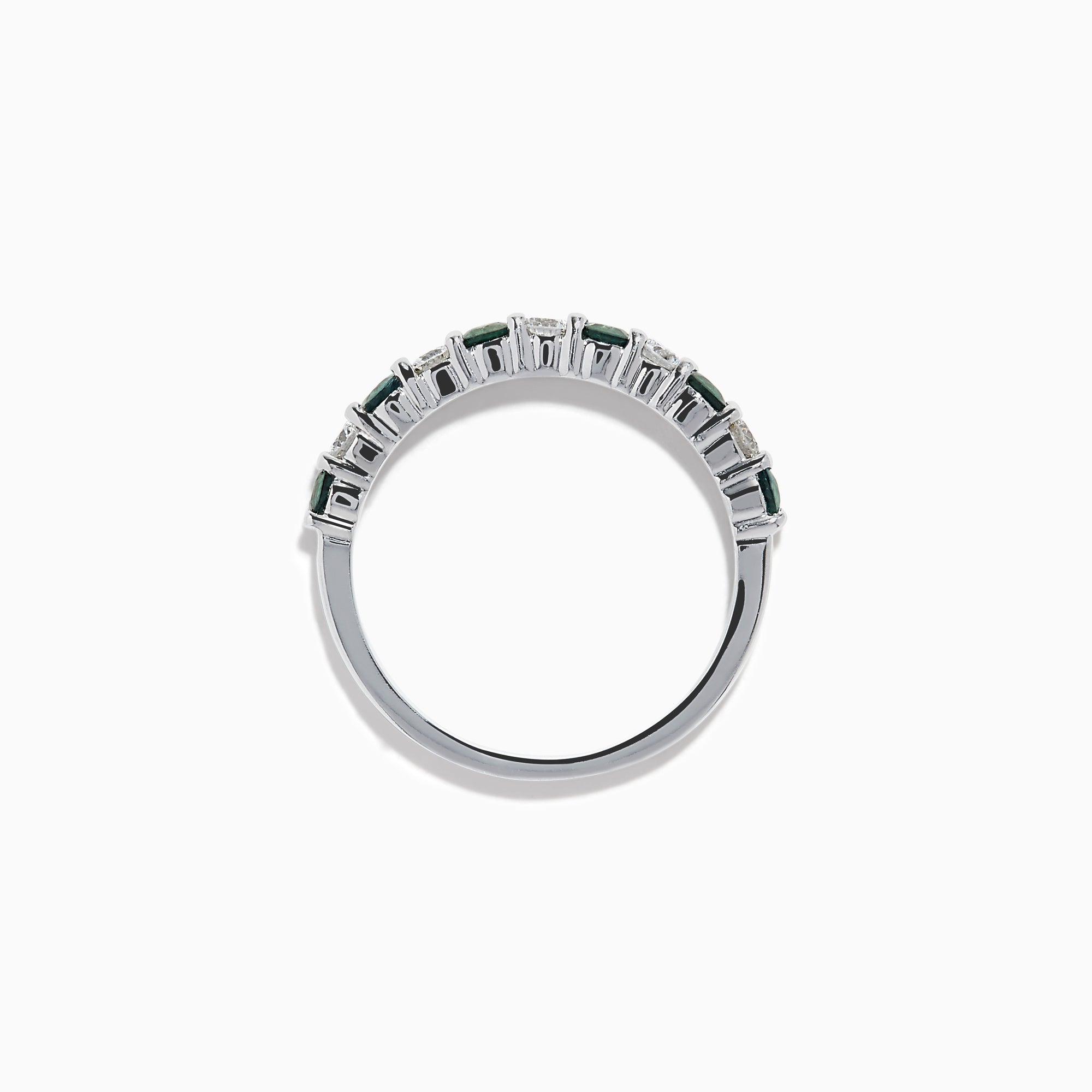 The Effy Hematian 14K White Gold Alexandrite and Diamond 11-Stone Ring showcases alternating green alexandrite and white diamonds along the band, set against a plain white background.