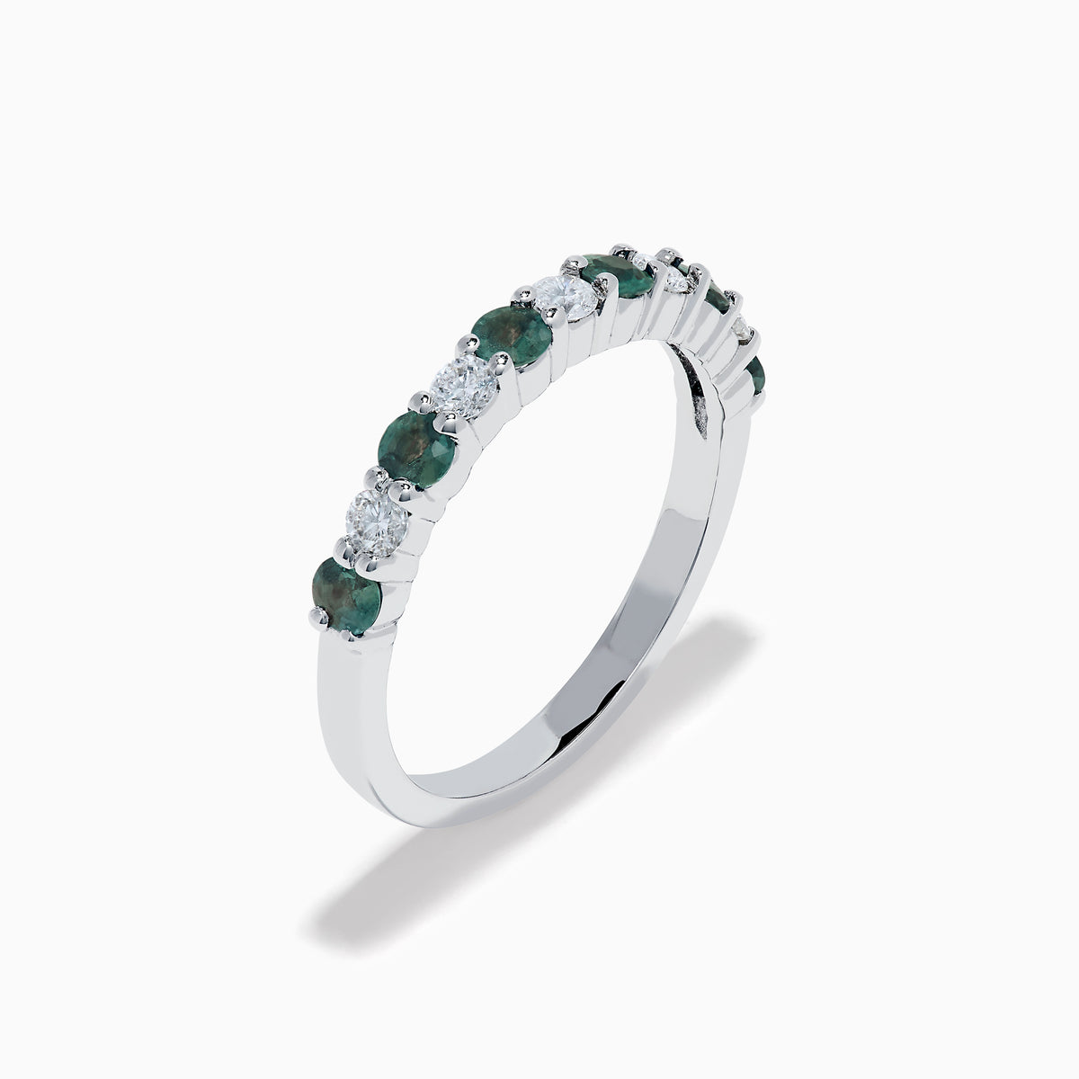 The Effy Hematian 14K White Gold Alexandrite and Diamond 11-Stone Ring showcases alternating green alexandrite and white diamonds along the band, set against a plain white background.