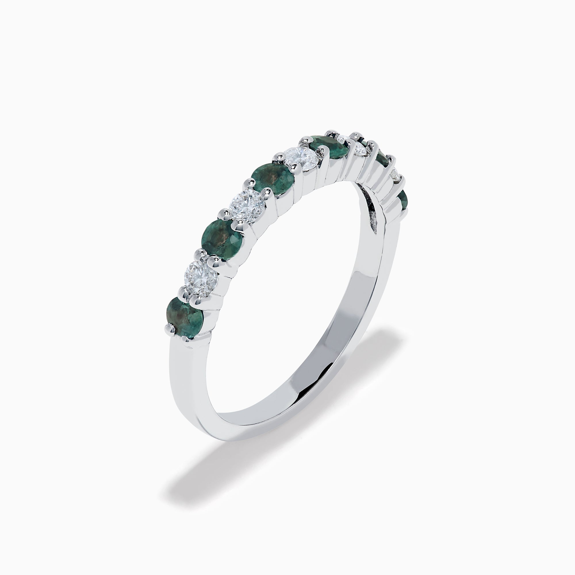 The Effy Hematian 14K White Gold Alexandrite and Diamond 11-Stone Ring showcases alternating green alexandrite and white diamonds along the band, set against a plain white background.