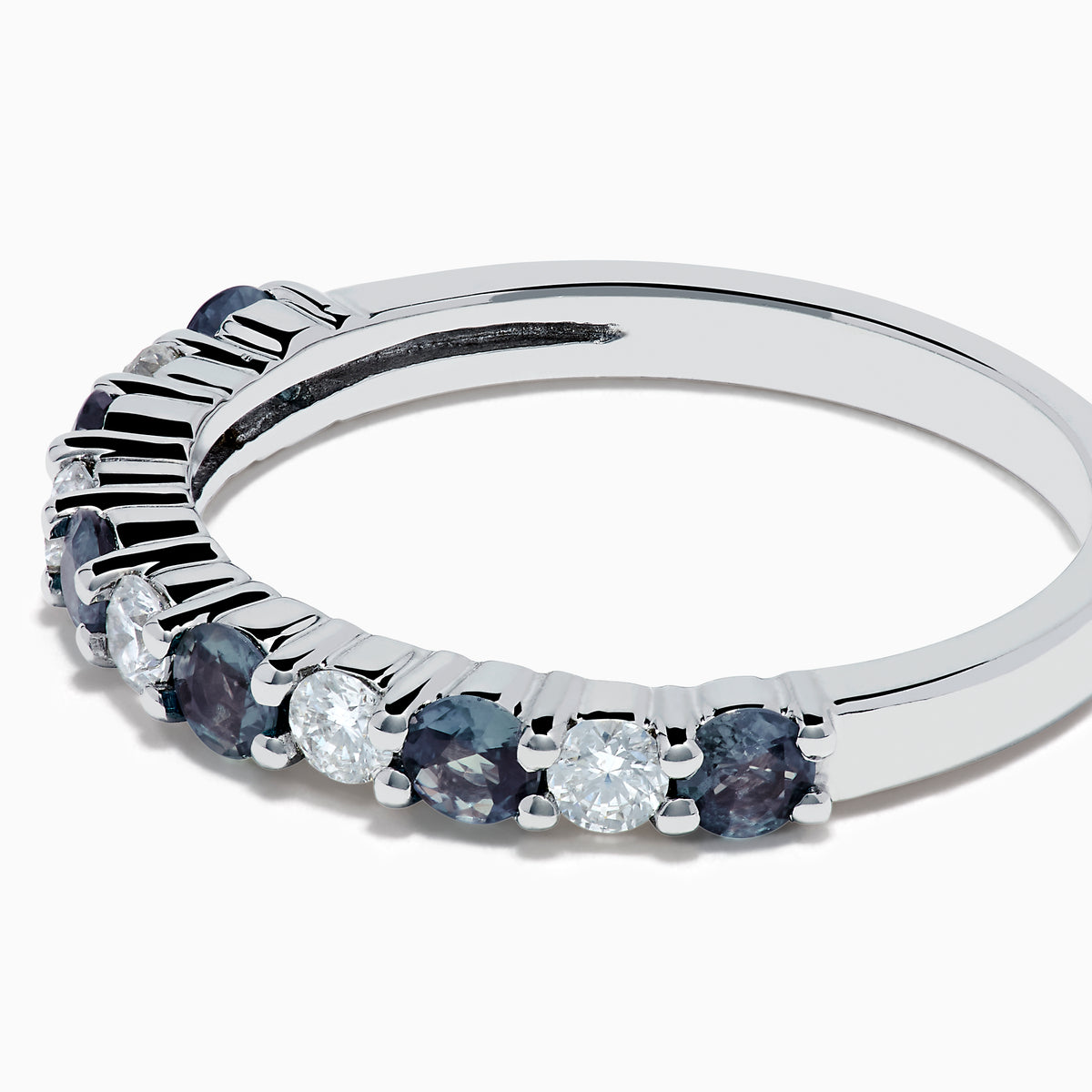 The Effy Hematian 14K White Gold Alexandrite and Diamond 11-Stone Ring showcases alternating green alexandrite and white diamonds along the band, set against a plain white background.