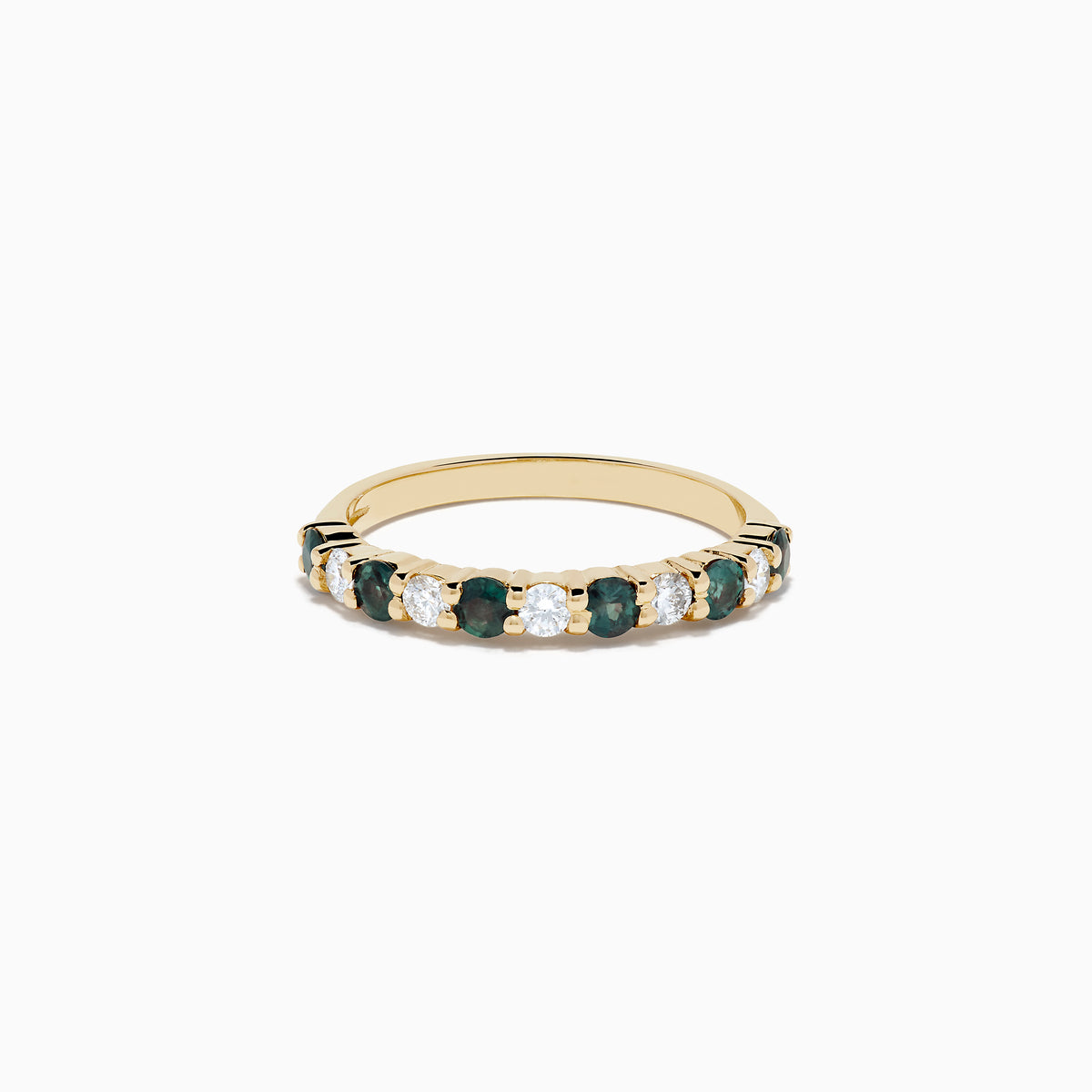 The Effy Hematian 14K Yellow Gold Alexandrite and Diamond 11-Stone Ring features alternating alexandrite and diamond gems set in a row along the band, shown on a white background.