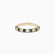 The Effy Hematian 14K Yellow Gold Alexandrite and Diamond 11-Stone Ring features alternating alexandrite and diamond gems set in a row along the band, shown on a white background.