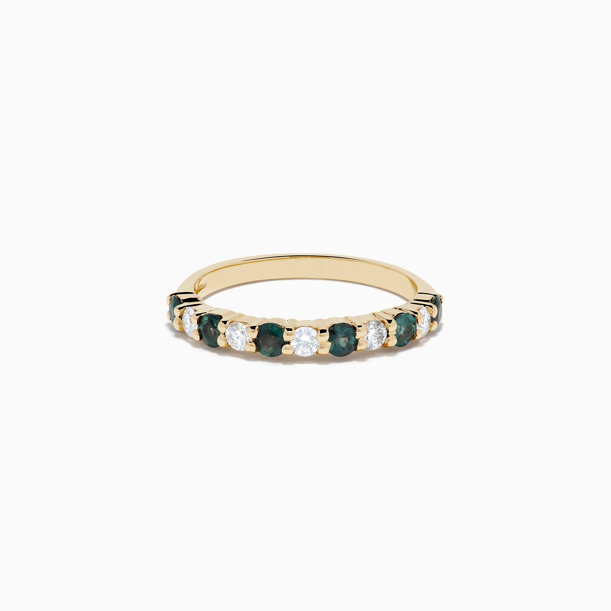 The Effy Hematian 14K Yellow Gold Alexandrite and Diamond 11-Stone Ring features alternating alexandrite and diamond gems set in a row along the band, shown on a white background.
