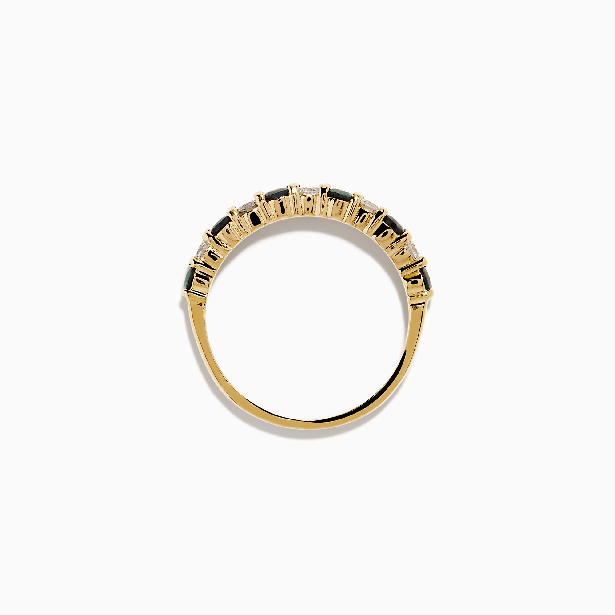 The Effy Hematian 14K Yellow Gold Alexandrite and Diamond 11-Stone Ring features alternating alexandrite and diamond gems set in a row along the band, shown on a white background.