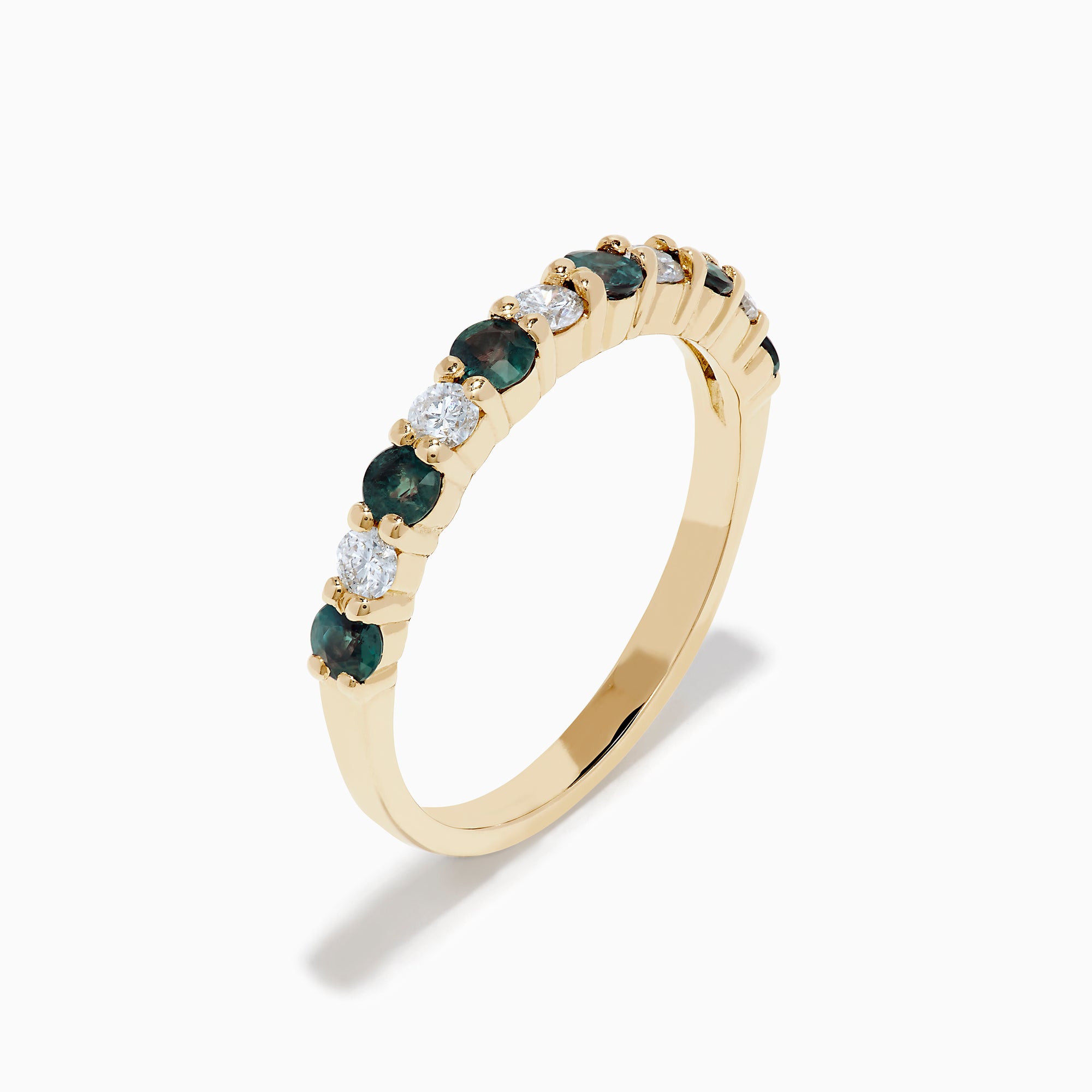 The Effy Hematian 14K Yellow Gold Alexandrite and Diamond 11-Stone Ring features alternating alexandrite and diamond gems set in a row along the band, shown on a white background.