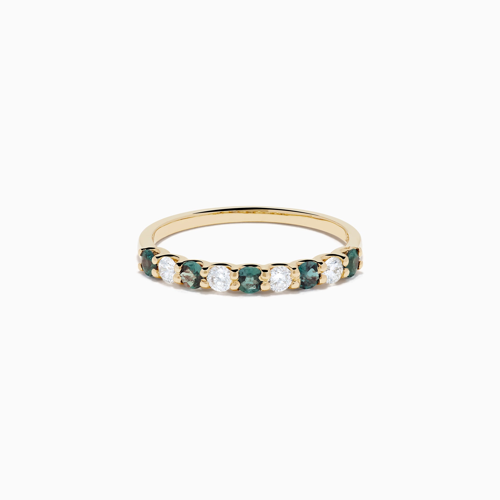 The Effy Hematian 14K Yellow Gold 9-Stone Ring features alternating round white diamonds and green alexandrites set in a row along the band, shown on a white background.
