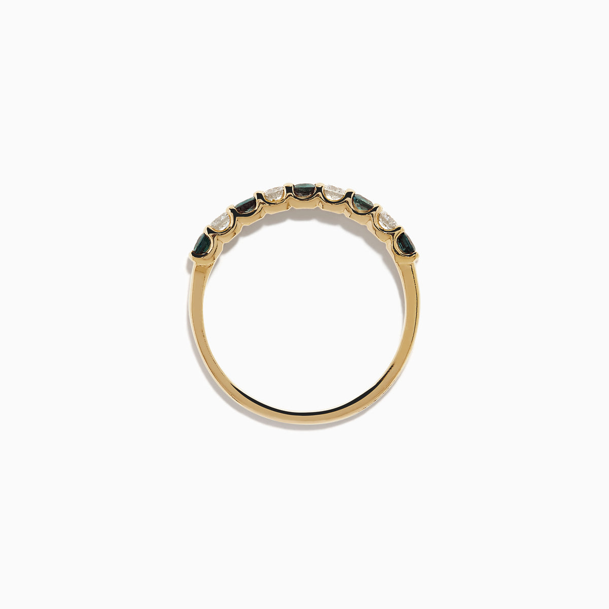 The Effy Hematian 14K Yellow Gold 9-Stone Ring features alternating round white diamonds and green alexandrites set in a row along the band, shown on a white background.