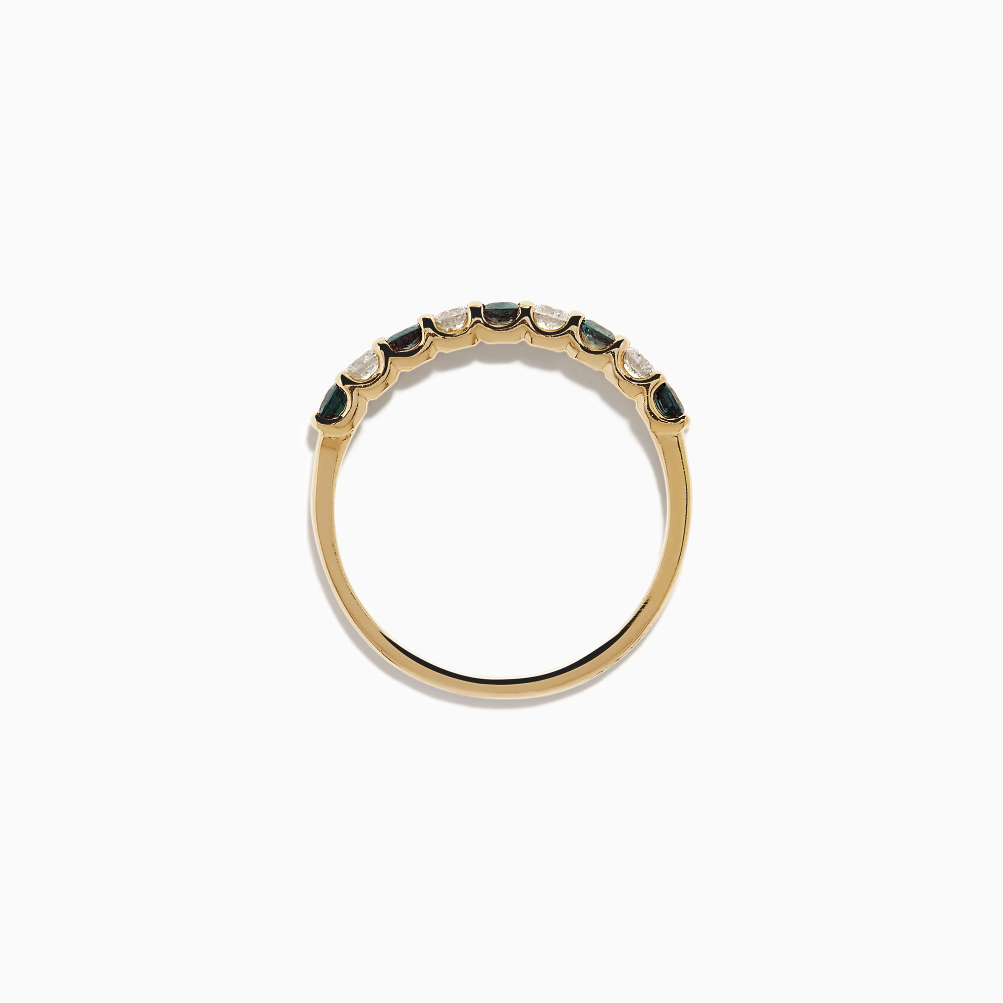 The Effy Hematian 14K Yellow Gold 9-Stone Ring features alternating round white diamonds and green alexandrites set in a row along the band, shown on a white background.