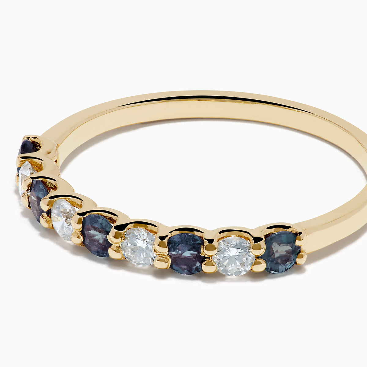 The Effy Hematian 14K Yellow Gold 9-Stone Ring features alternating round white diamonds and green alexandrites set in a row along the band, shown on a white background.