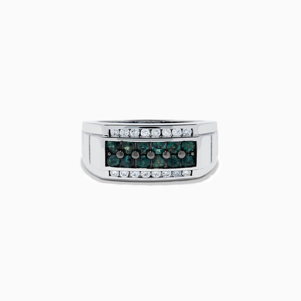 The Effy Hematian Men's 14K White Gold Alexandrite and Diamond Channel-Set Ring features a rectangular front with a row of alexandrites bordered by sparkling diamonds above and below.