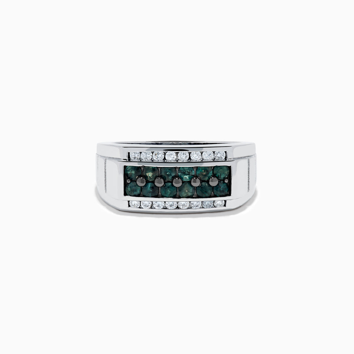 The Effy Hematian Men's 14K White Gold Alexandrite and Diamond Channel-Set Ring features a rectangular front with a row of alexandrites bordered by sparkling diamonds above and below.