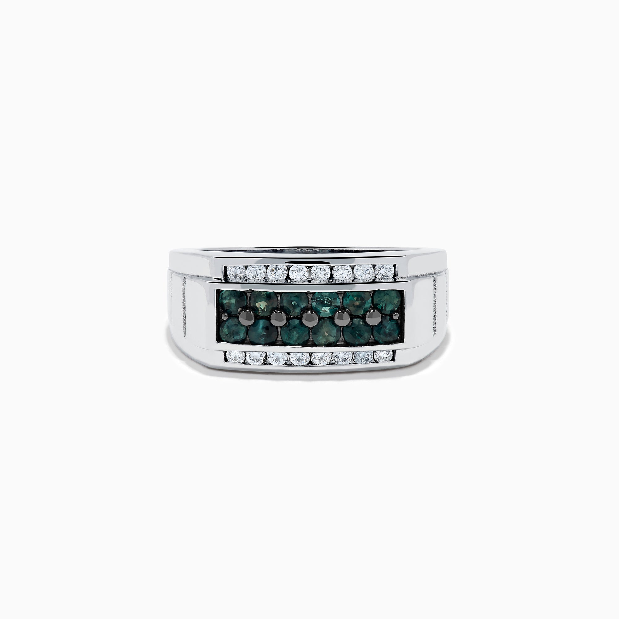 The Effy Hematian Men's 14K White Gold Alexandrite and Diamond Channel-Set Ring features a rectangular front with a row of alexandrites bordered by sparkling diamonds above and below.