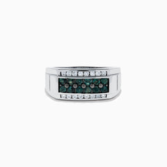 The Effy Hematian Men's 14K White Gold Alexandrite and Diamond Channel-Set Ring features a rectangular front with a row of alexandrites bordered by sparkling diamonds above and below.