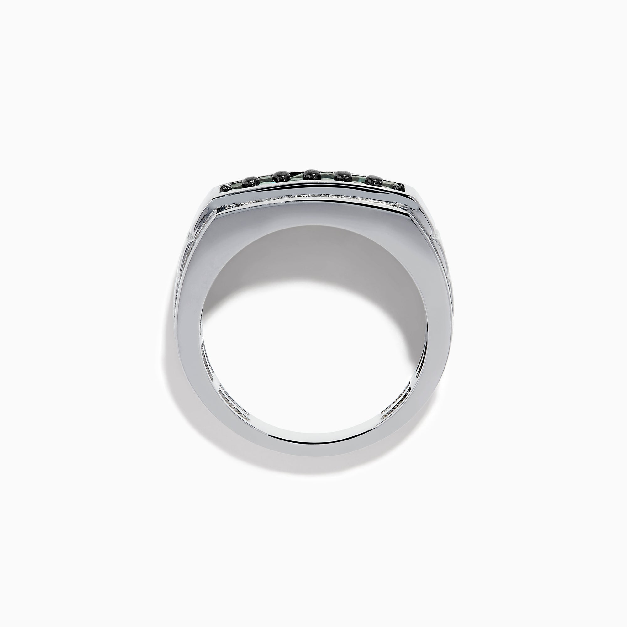 The Effy Hematian Men's 14K White Gold Alexandrite and Diamond Channel-Set Ring features a rectangular front with a row of alexandrites bordered by sparkling diamonds above and below.