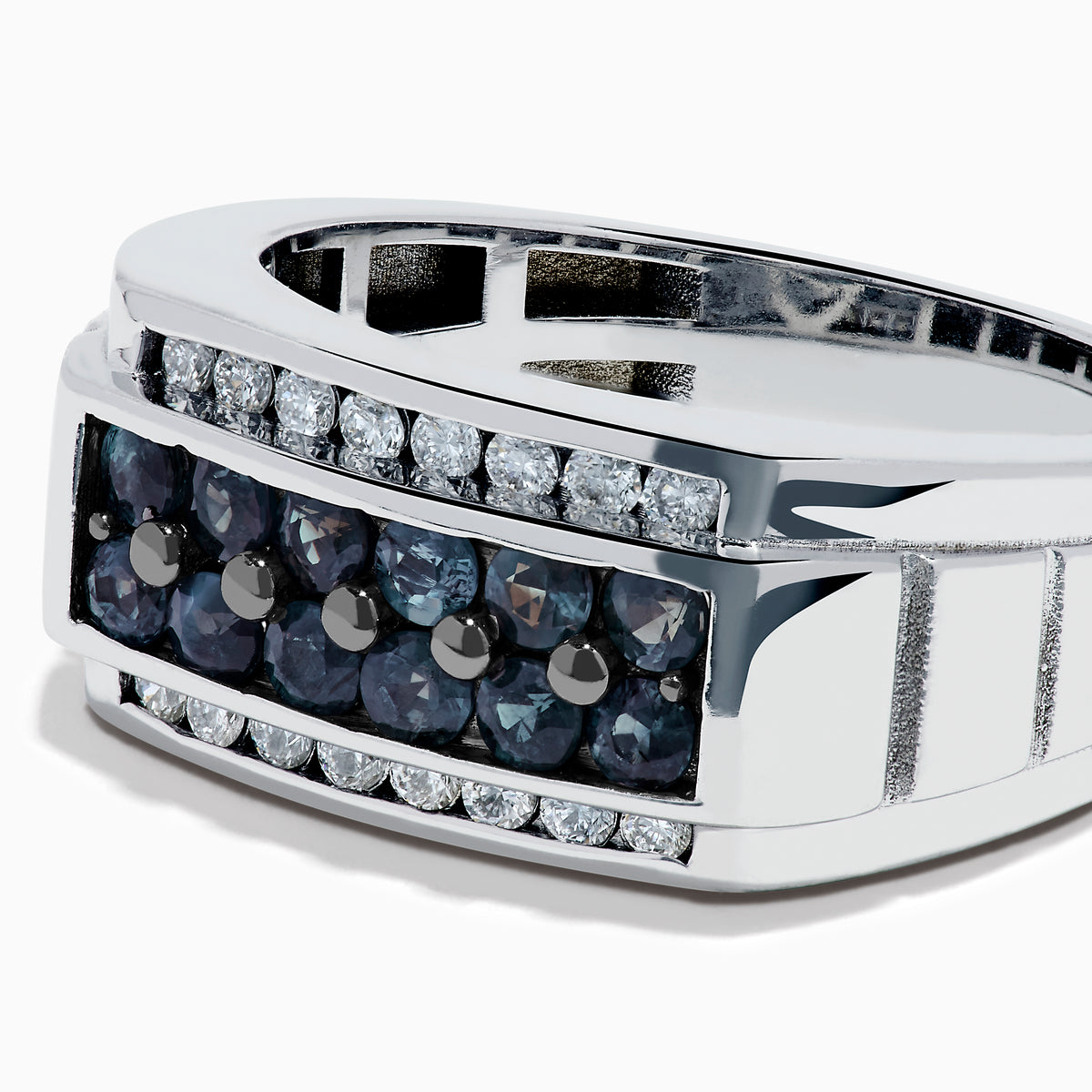 The Effy Hematian Men's 14K White Gold Alexandrite and Diamond Channel-Set Ring features a rectangular front with a row of alexandrites bordered by sparkling diamonds above and below.