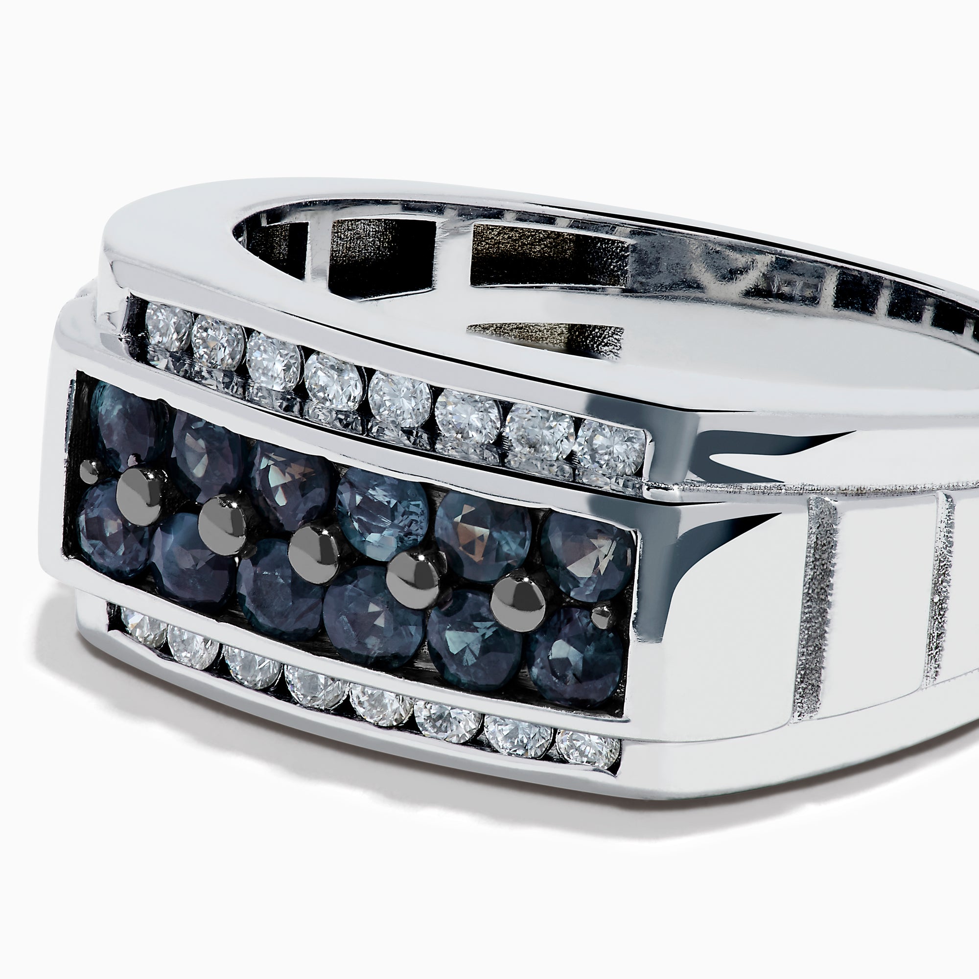 The Effy Hematian Men's 14K White Gold Alexandrite and Diamond Channel-Set Ring features a rectangular front with a row of alexandrites bordered by sparkling diamonds above and below.