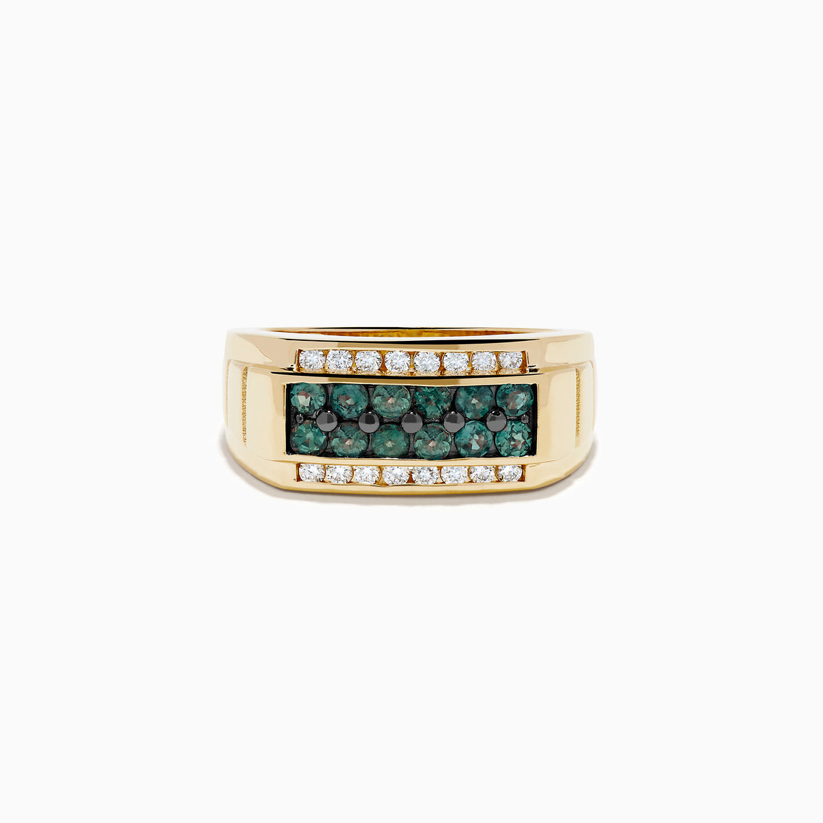 The Effy Hematian Men's 14K Yellow Gold Alexandrite and Diamond Channel-Set Ring showcases a rectangular center with two rows of white diamonds and a central row of teal alexandrites, displayed on a plain white background.