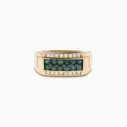 The Effy Hematian Men's 14K Yellow Gold Alexandrite and Diamond Channel-Set Ring showcases a rectangular center with two rows of white diamonds and a central row of teal alexandrites, displayed on a plain white background.