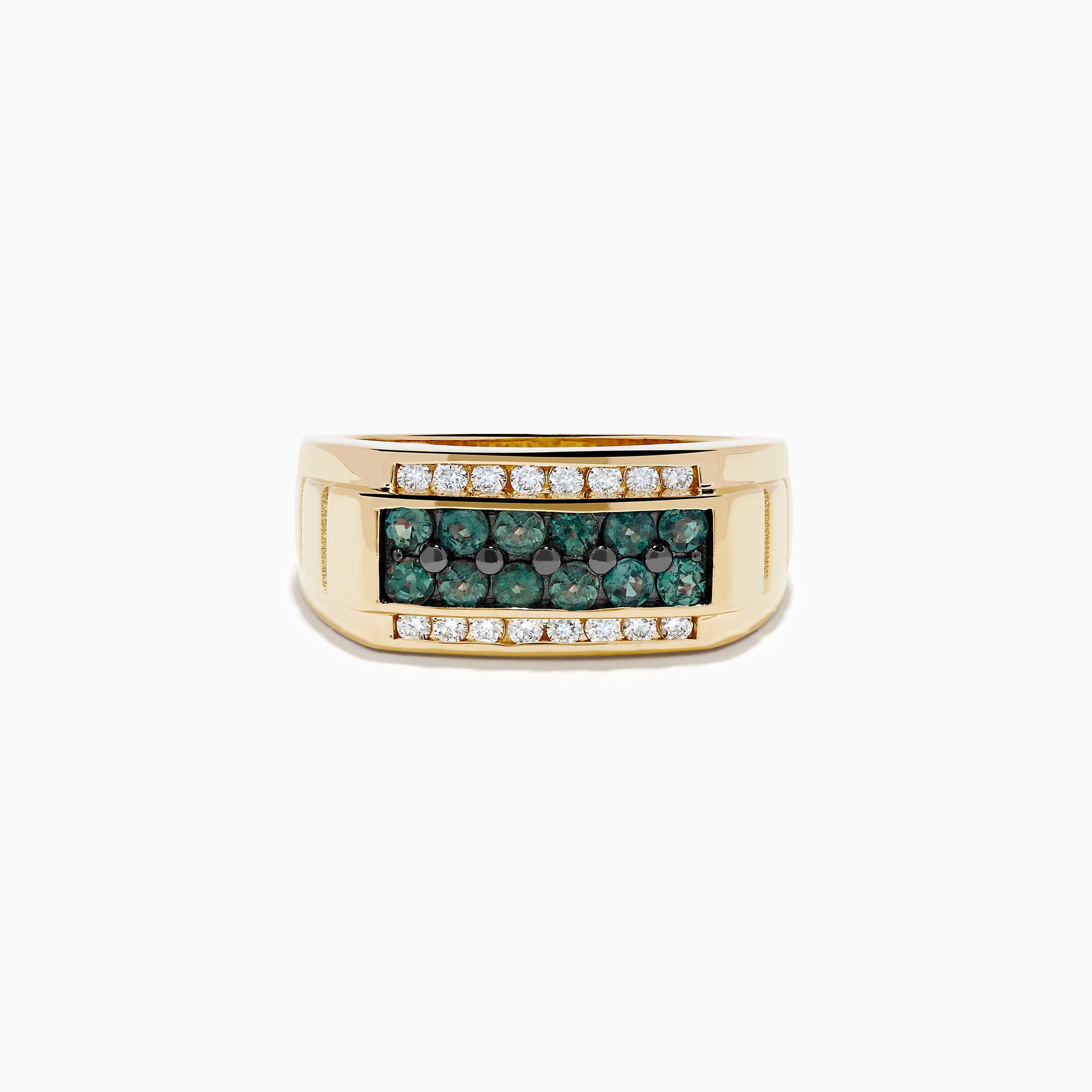 The Effy Hematian Men's 14K Yellow Gold Alexandrite and Diamond Channel-Set Ring showcases a rectangular center with two rows of white diamonds and a central row of teal alexandrites, displayed on a plain white background.
