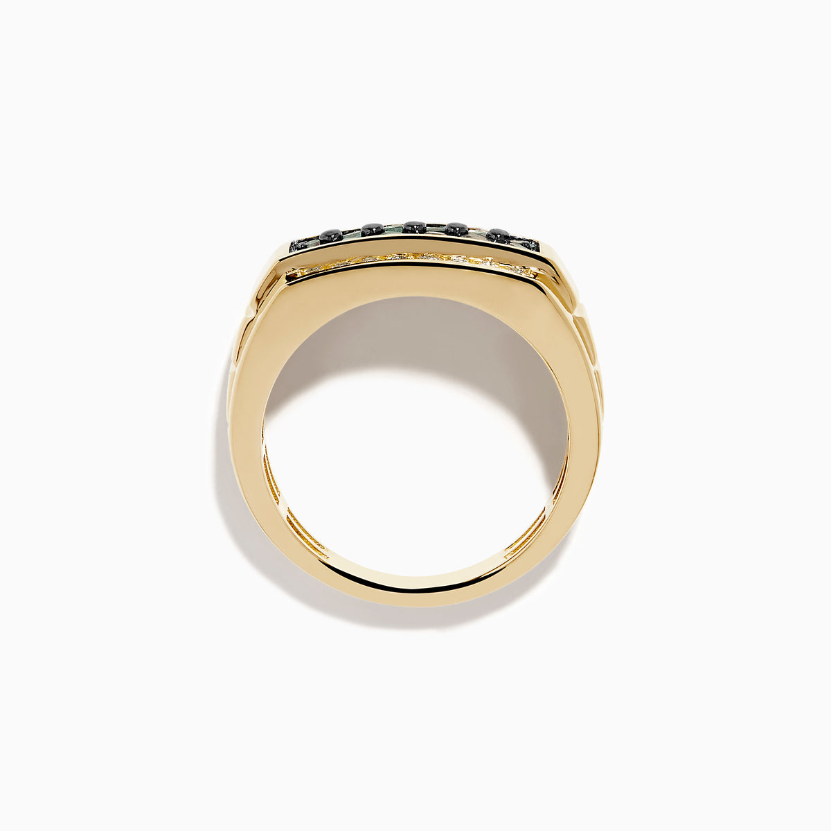 The Effy Hematian Men's 14K Yellow Gold Alexandrite and Diamond Channel-Set Ring showcases a rectangular center with two rows of white diamonds and a central row of teal alexandrites, displayed on a plain white background.