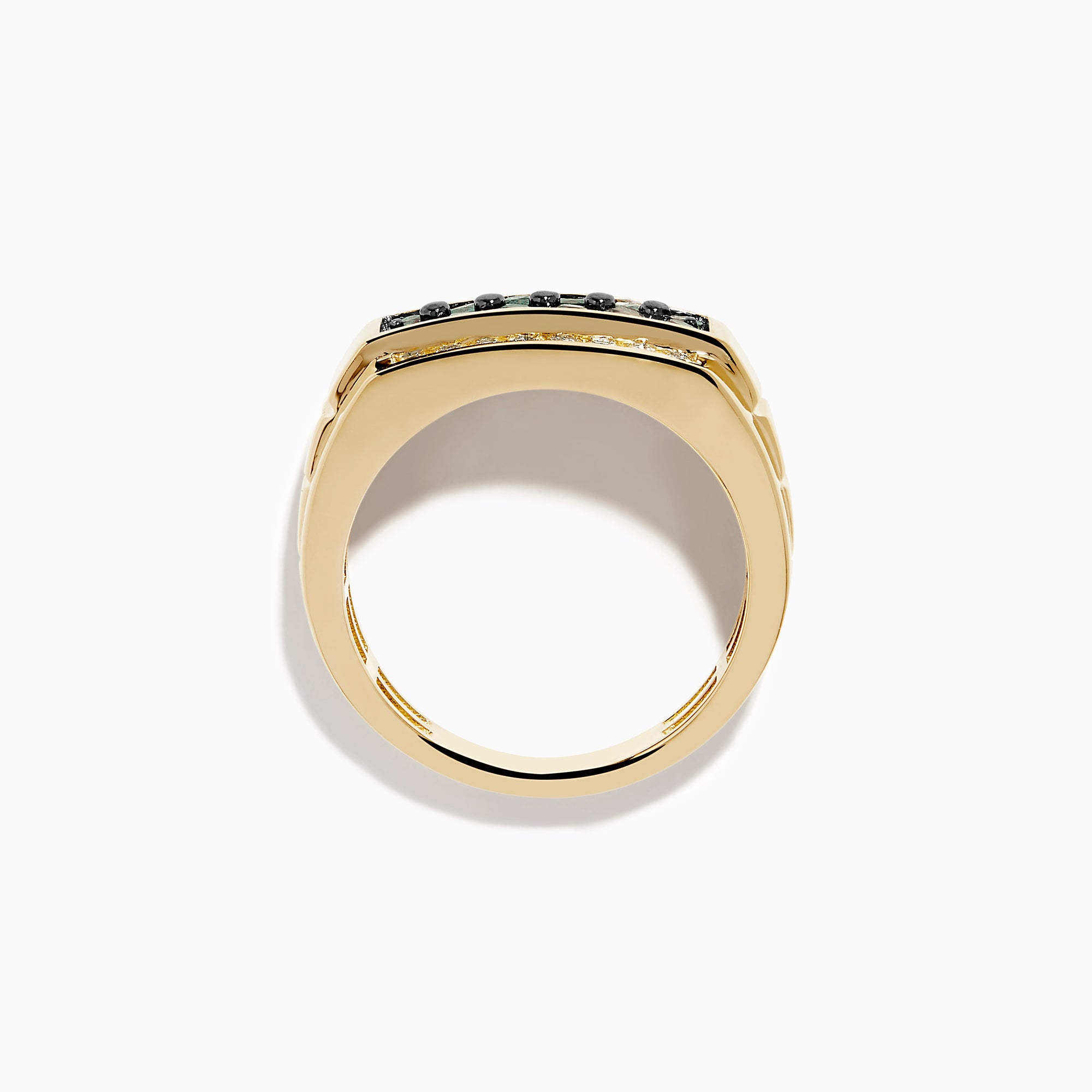 The Effy Hematian Men's 14K Yellow Gold Alexandrite and Diamond Channel-Set Ring showcases a rectangular center with two rows of white diamonds and a central row of teal alexandrites, displayed on a plain white background.