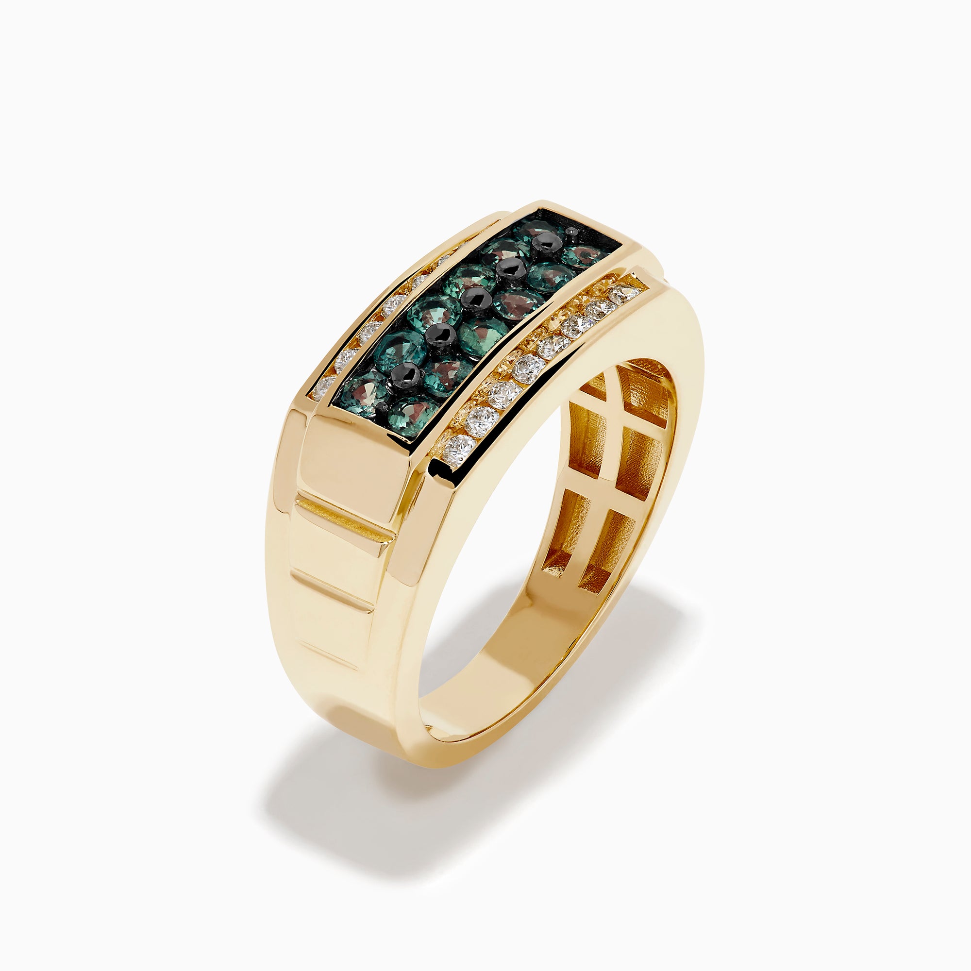 The Effy Hematian Men's 14K Yellow Gold Alexandrite and Diamond Channel-Set Ring showcases a rectangular center with two rows of white diamonds and a central row of teal alexandrites, displayed on a plain white background.