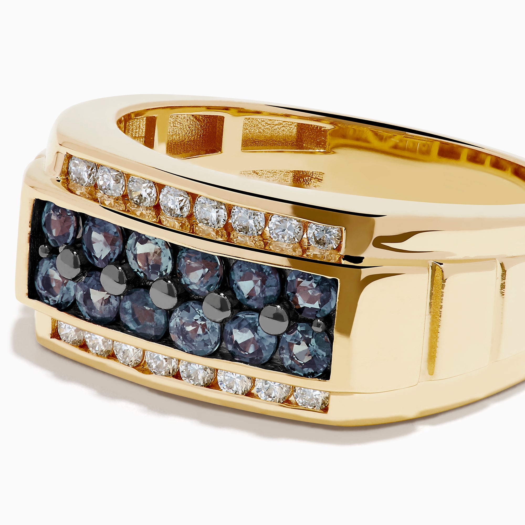 The Effy Hematian Men's 14K Yellow Gold Alexandrite and Diamond Channel-Set Ring showcases a rectangular center with two rows of white diamonds and a central row of teal alexandrites, displayed on a plain white background.