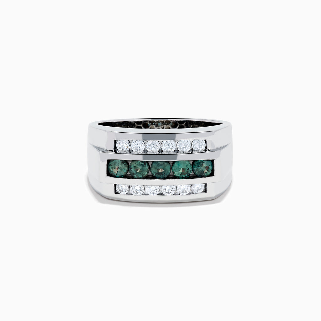The Effy Hematian Men's 14K White Gold Ring features a wide band with three horizontal rows: the top and bottom rows have sparkling diamonds, while the center row is accented with striking alexandrites.