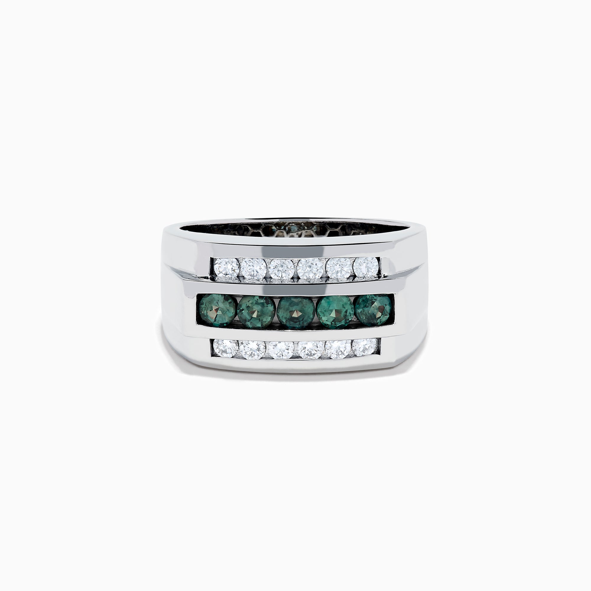 The Effy Hematian Men's 14K White Gold Ring features a wide band with three horizontal rows: the top and bottom rows have sparkling diamonds, while the center row is accented with striking alexandrites.