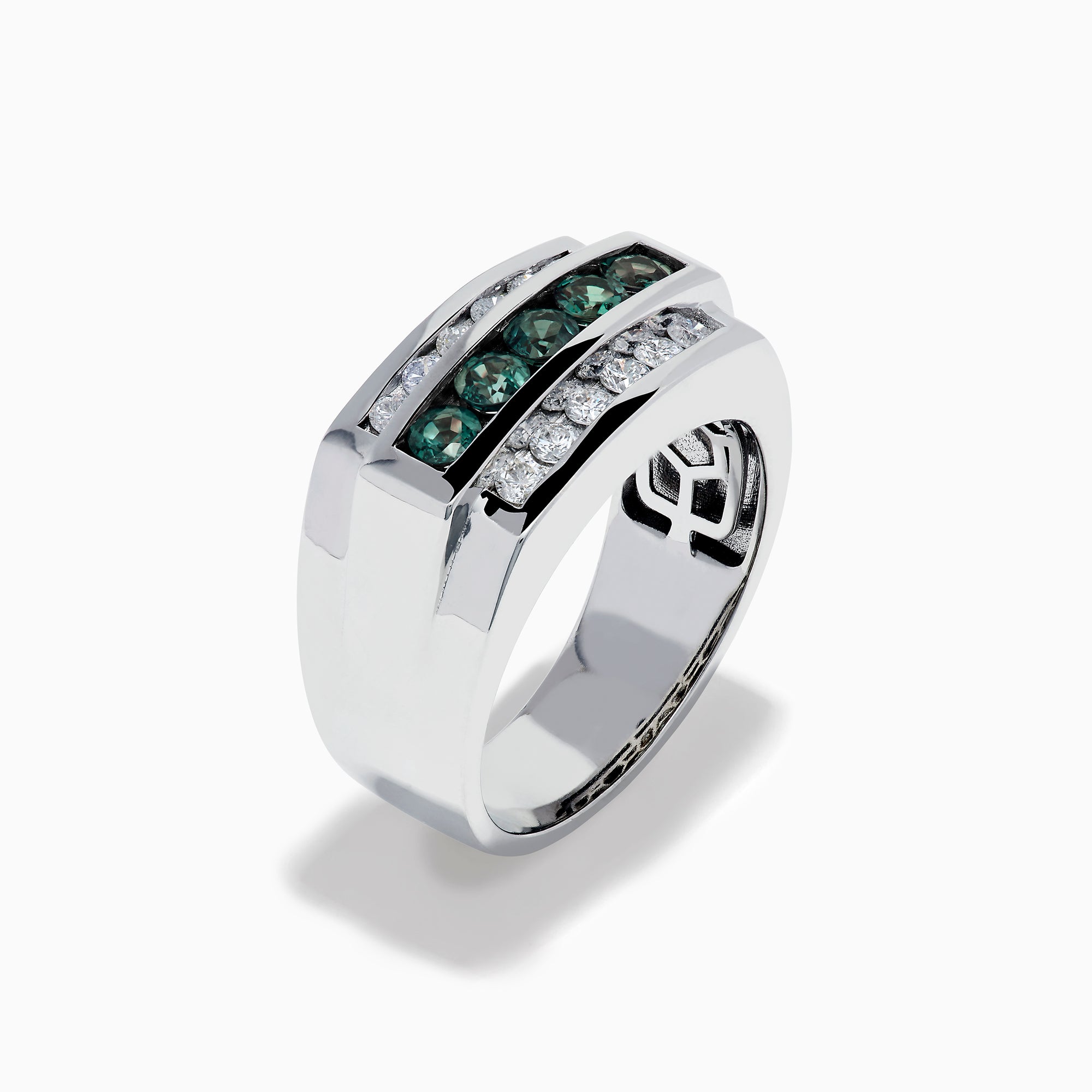 The Effy Hematian Men's 14K White Gold Ring features a wide band with three horizontal rows: the top and bottom rows have sparkling diamonds, while the center row is accented with striking alexandrites.