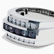 The Effy Hematian Men's 14K White Gold Ring features a wide band with three horizontal rows: the top and bottom rows have sparkling diamonds, while the center row is accented with striking alexandrites.