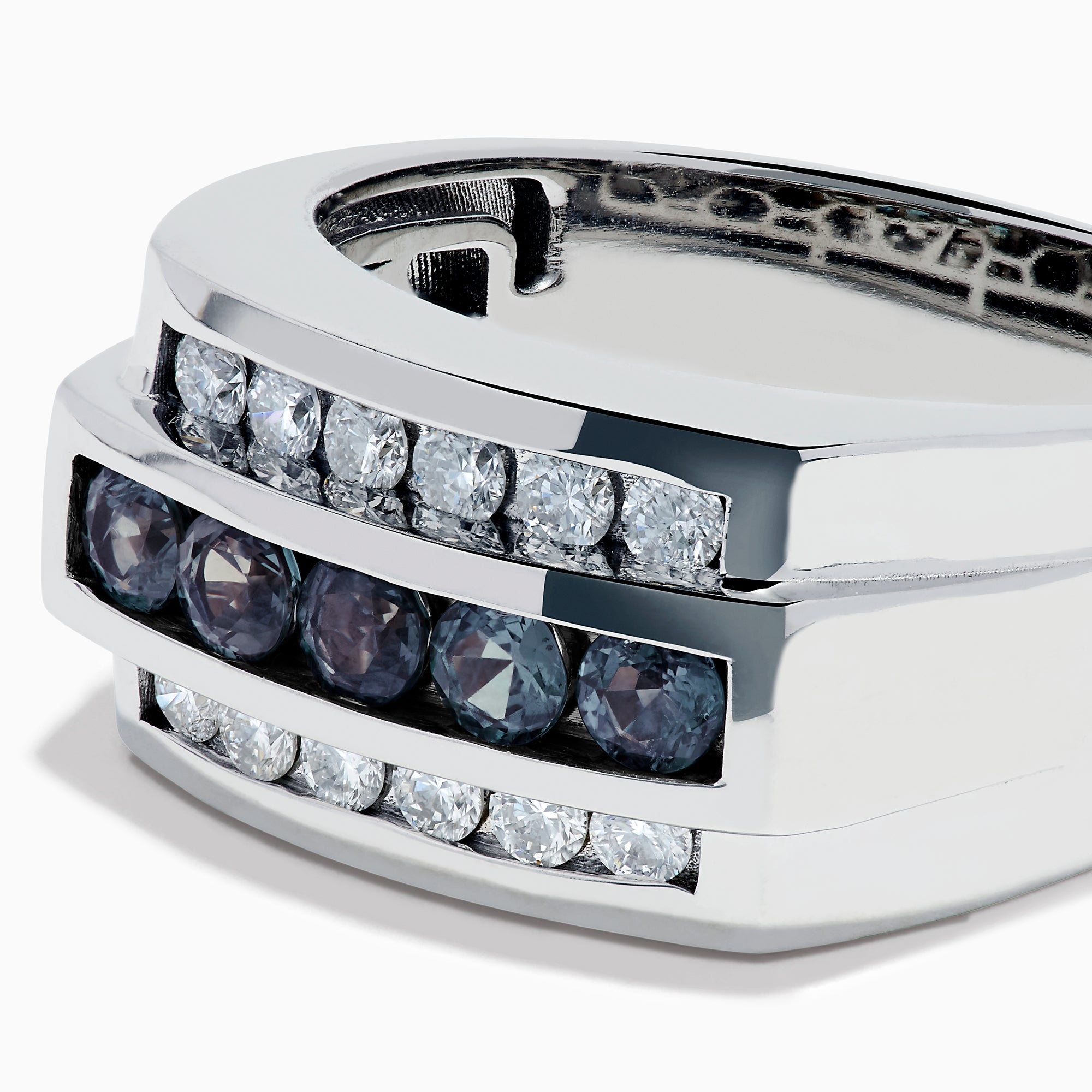 The Effy Hematian Men's 14K White Gold Ring features a wide band with three horizontal rows: the top and bottom rows have sparkling diamonds, while the center row is accented with striking alexandrites.