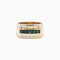 The Effy Hematian Men's 14K Yellow Gold Alexandrite and Diamond Ring features two rows of clear diamonds and a central row of dark green alexandrites, displayed on a white background—an elegant, timeless statement piece.