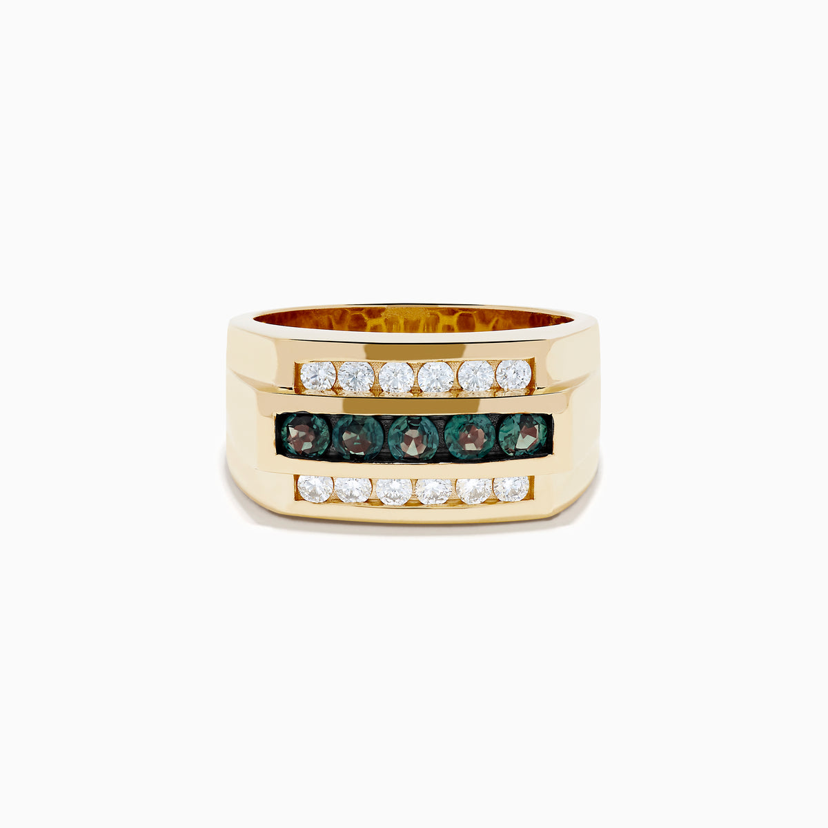 The Effy Hematian Men's 14K Yellow Gold Alexandrite and Diamond Ring features two rows of clear diamonds and a central row of dark green alexandrites, displayed on a white background—an elegant, timeless statement piece.