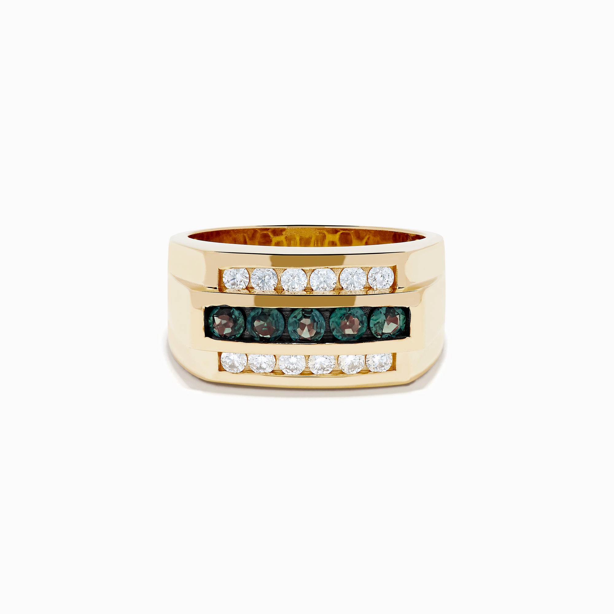 The Effy Hematian Men's 14K Yellow Gold Alexandrite and Diamond Ring features two rows of clear diamonds and a central row of dark green alexandrites, displayed on a white background—an elegant, timeless statement piece.