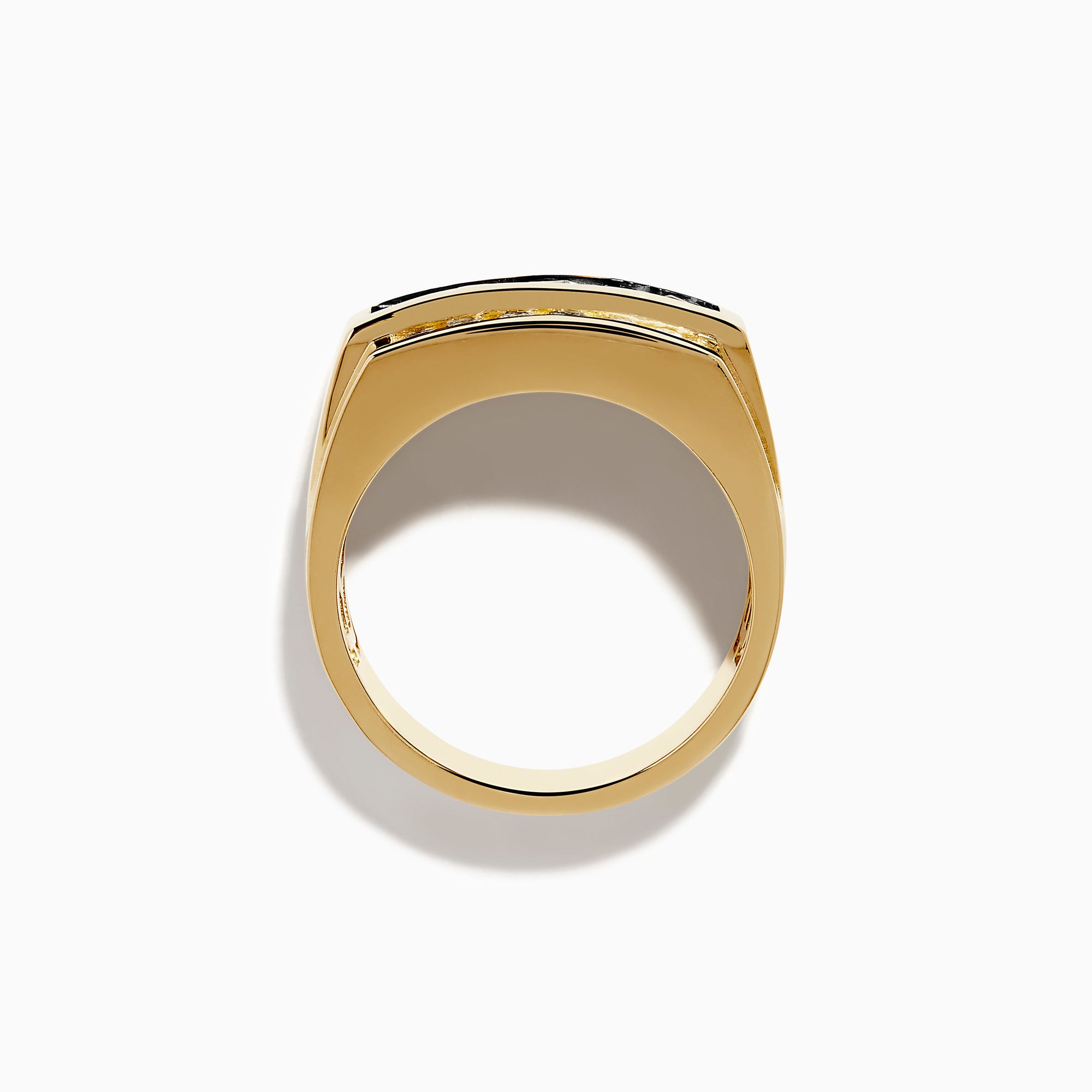 The Effy Hematian Men's 14K Yellow Gold Alexandrite and Diamond Ring features two rows of clear diamonds and a central row of dark green alexandrites, displayed on a white background—an elegant, timeless statement piece.