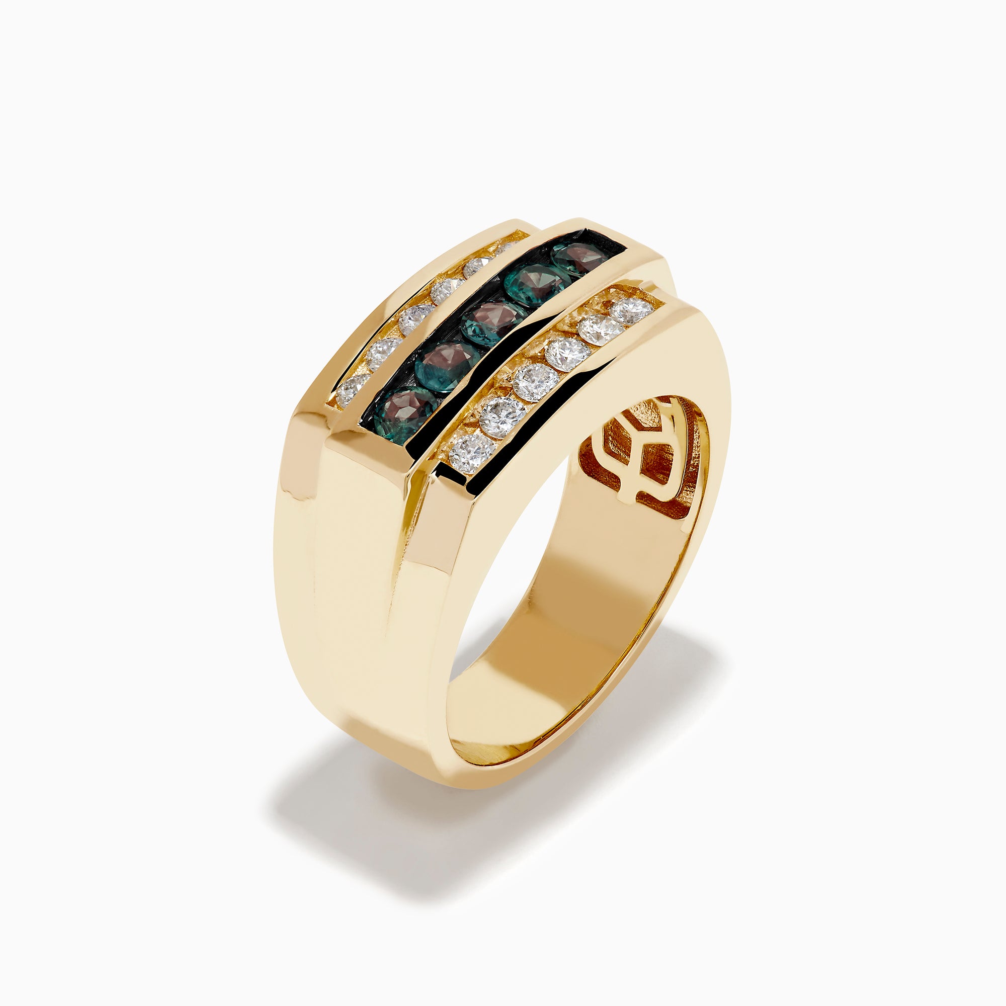 The Effy Hematian Men's 14K Yellow Gold Alexandrite and Diamond Ring features two rows of clear diamonds and a central row of dark green alexandrites, displayed on a white background—an elegant, timeless statement piece.