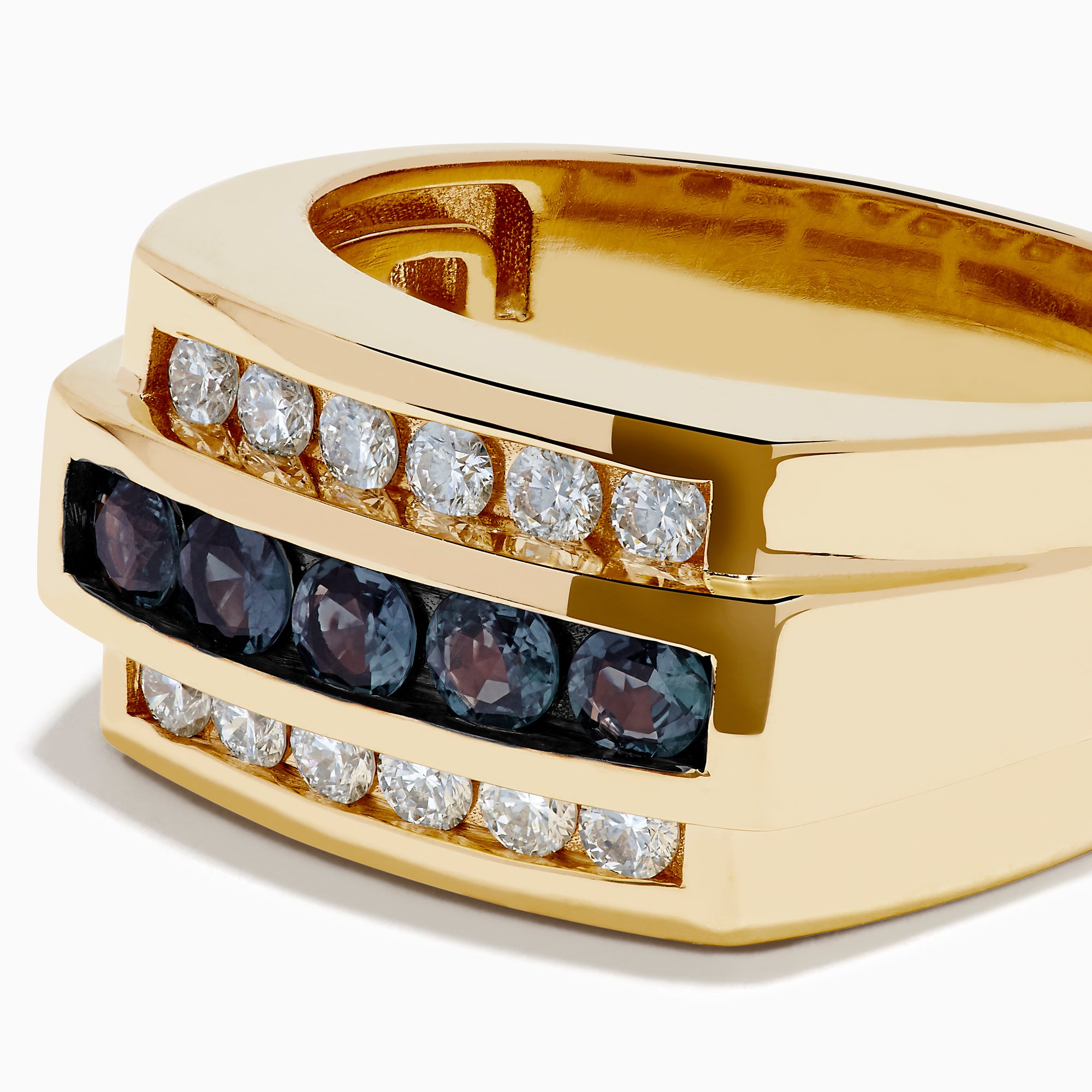 The Effy Hematian Men's 14K Yellow Gold Alexandrite and Diamond Ring features two rows of clear diamonds and a central row of dark green alexandrites, displayed on a white background—an elegant, timeless statement piece.