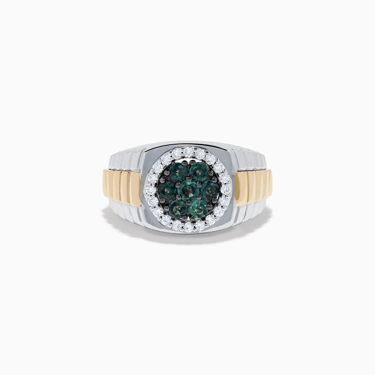The Effy Hematian Men's 14K Two-Tone Gold Alexandrite Cluster and Diamond Ring features silver and gold bands with a round alexandrite cluster surrounded by small diamonds in a circular center setting.