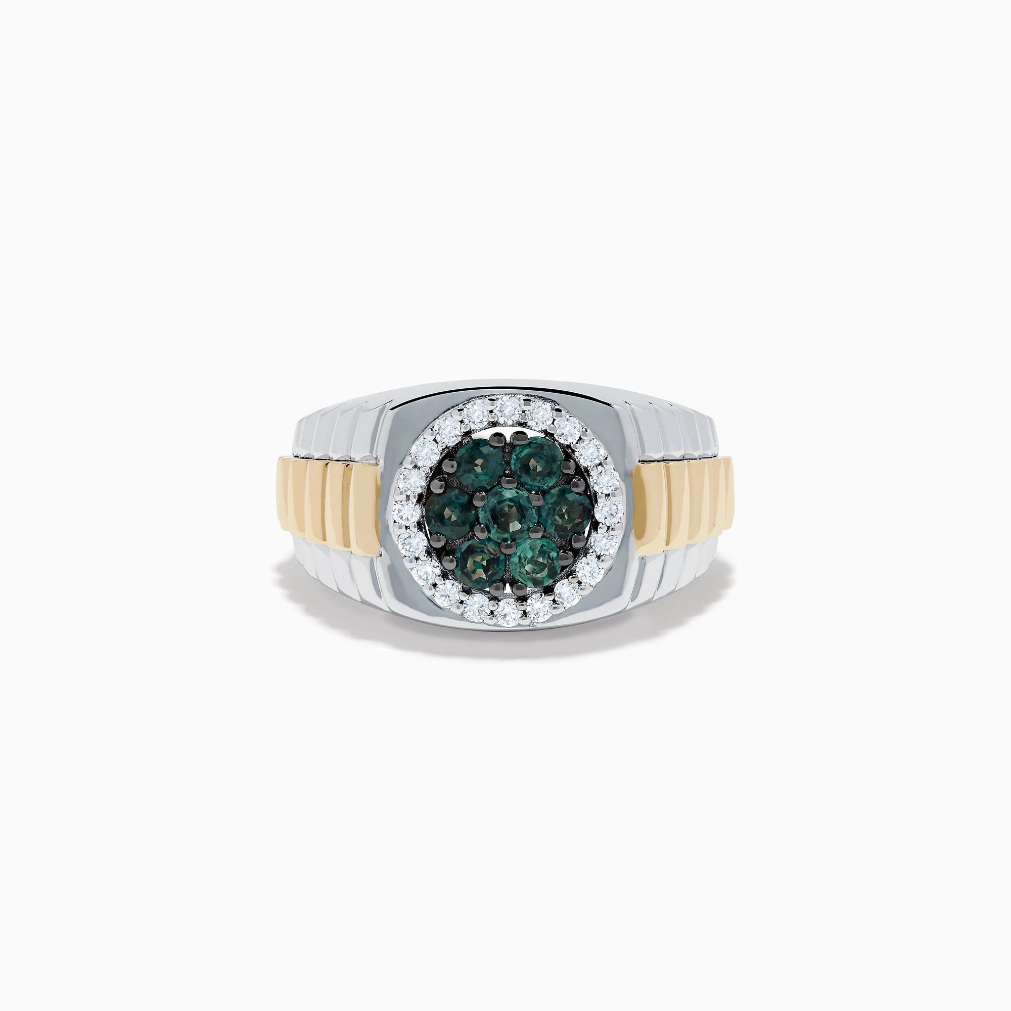 The Effy Hematian Men's 14K Two-Tone Gold Alexandrite Cluster and Diamond Ring features silver and gold bands with a round alexandrite cluster surrounded by small diamonds in a circular center setting.