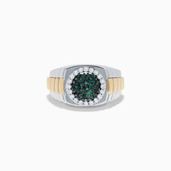 The Effy Hematian Men's 14K Two-Tone Gold Alexandrite Cluster and Diamond Ring features silver and gold bands with a round alexandrite cluster surrounded by small diamonds in a circular center setting.