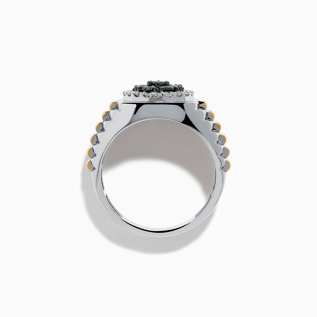 The Effy Hematian Men's 14K Two-Tone Gold Alexandrite Cluster and Diamond Ring features silver and gold bands with a round alexandrite cluster surrounded by small diamonds in a circular center setting.
