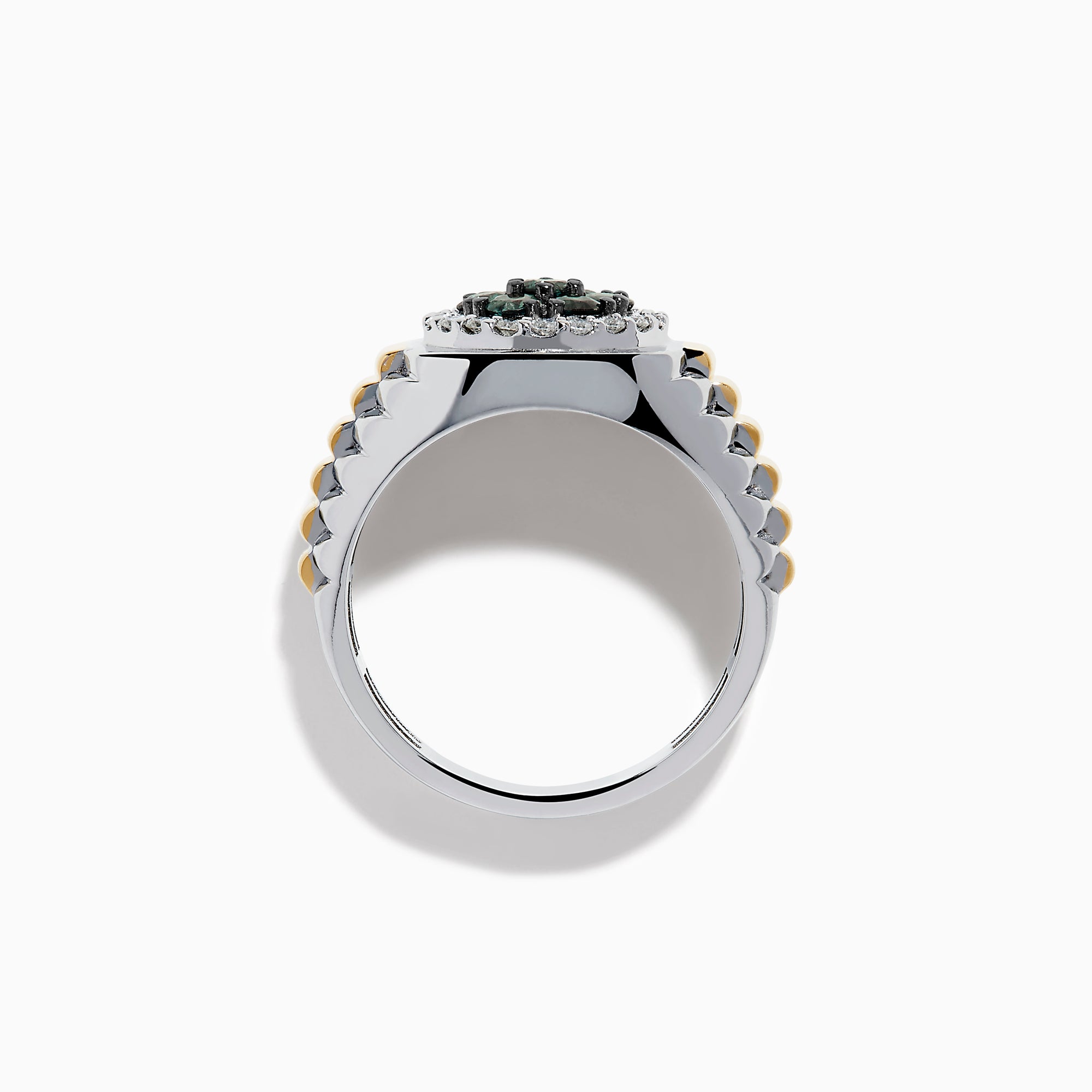 The Effy Hematian Men's 14K Two-Tone Gold Alexandrite Cluster and Diamond Ring features silver and gold bands with a round alexandrite cluster surrounded by small diamonds in a circular center setting.