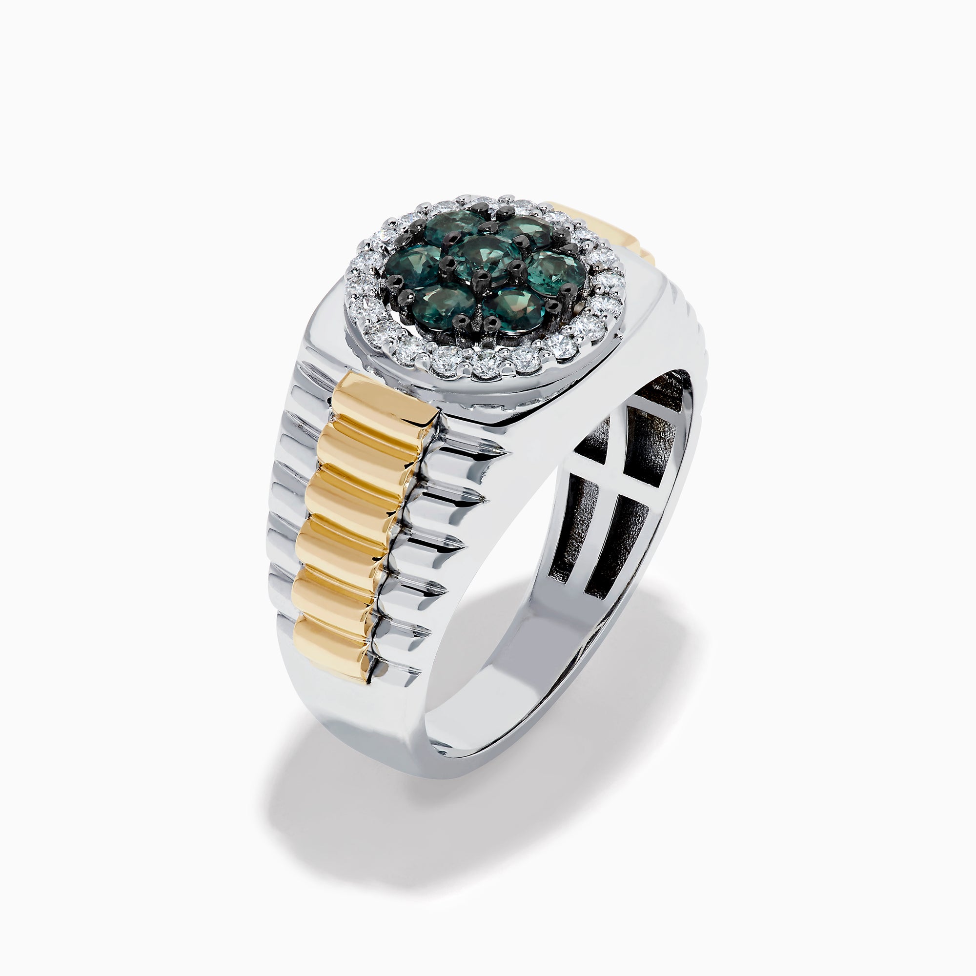 The Effy Hematian Men's 14K Two-Tone Gold Alexandrite Cluster and Diamond Ring features silver and gold bands with a round alexandrite cluster surrounded by small diamonds in a circular center setting.
