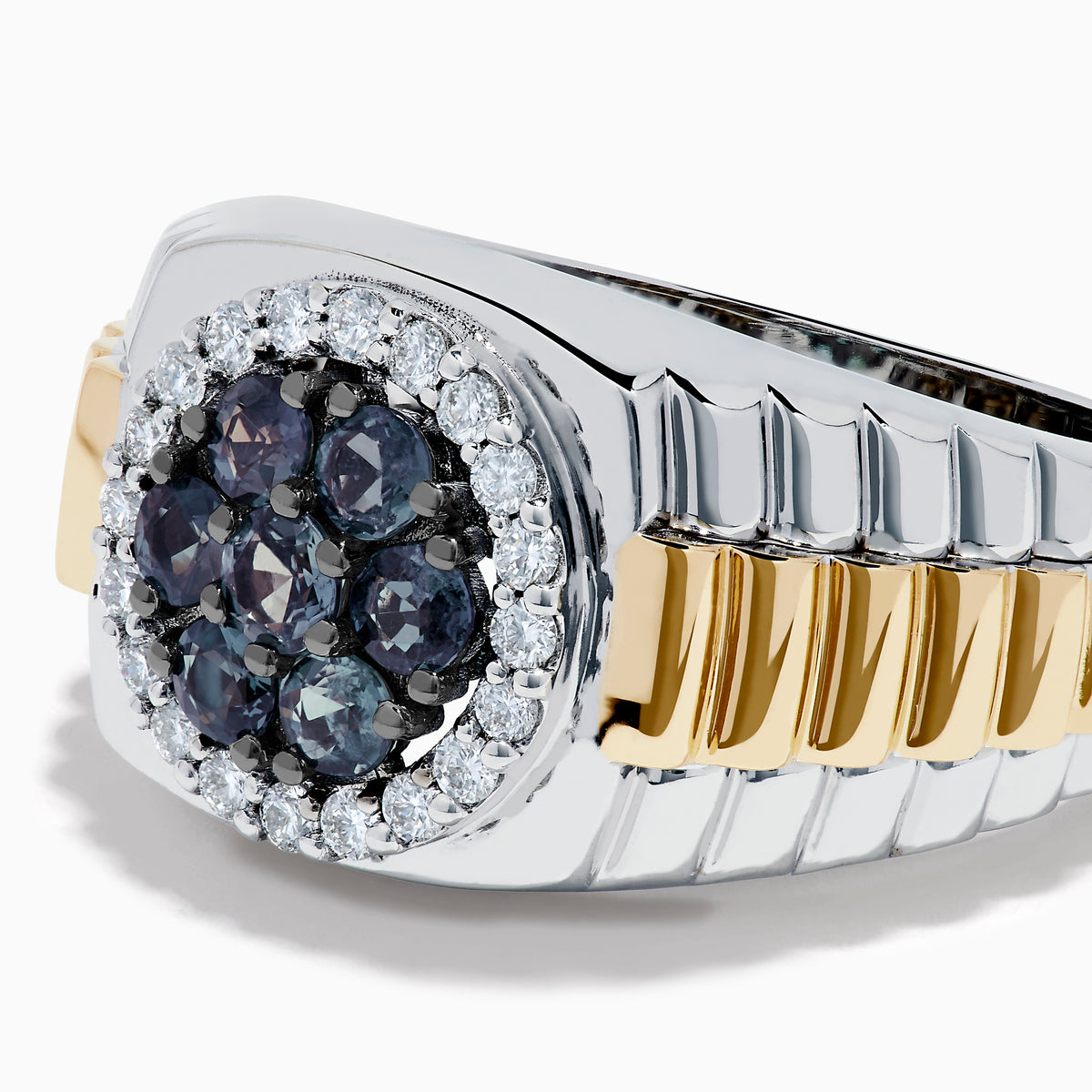 The Effy Hematian Men's 14K Two-Tone Gold Alexandrite Cluster and Diamond Ring features silver and gold bands with a round alexandrite cluster surrounded by small diamonds in a circular center setting.