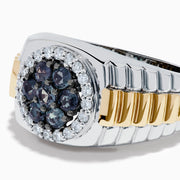 The Effy Hematian Men's 14K Two-Tone Gold Alexandrite Cluster and Diamond Ring features silver and gold bands with a round alexandrite cluster surrounded by small diamonds in a circular center setting.