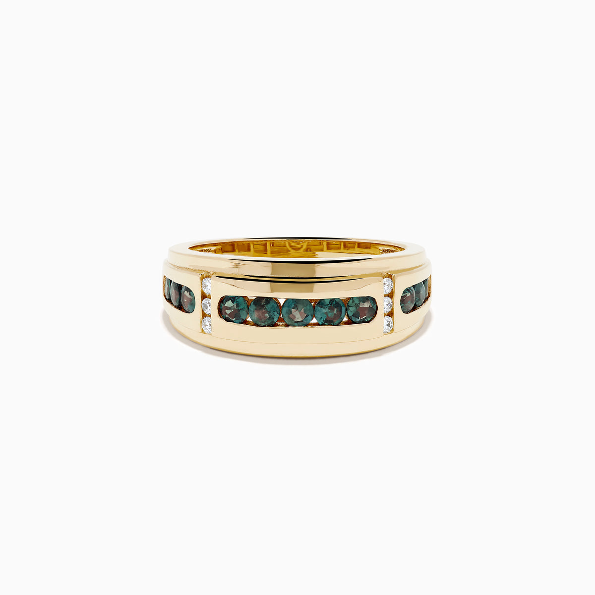 The Effy Hematian Men's 14K Yellow Gold Band features dark green alexandrite gemstones channel-set in the center, flanked by small diamonds on each side, displayed against a white background.