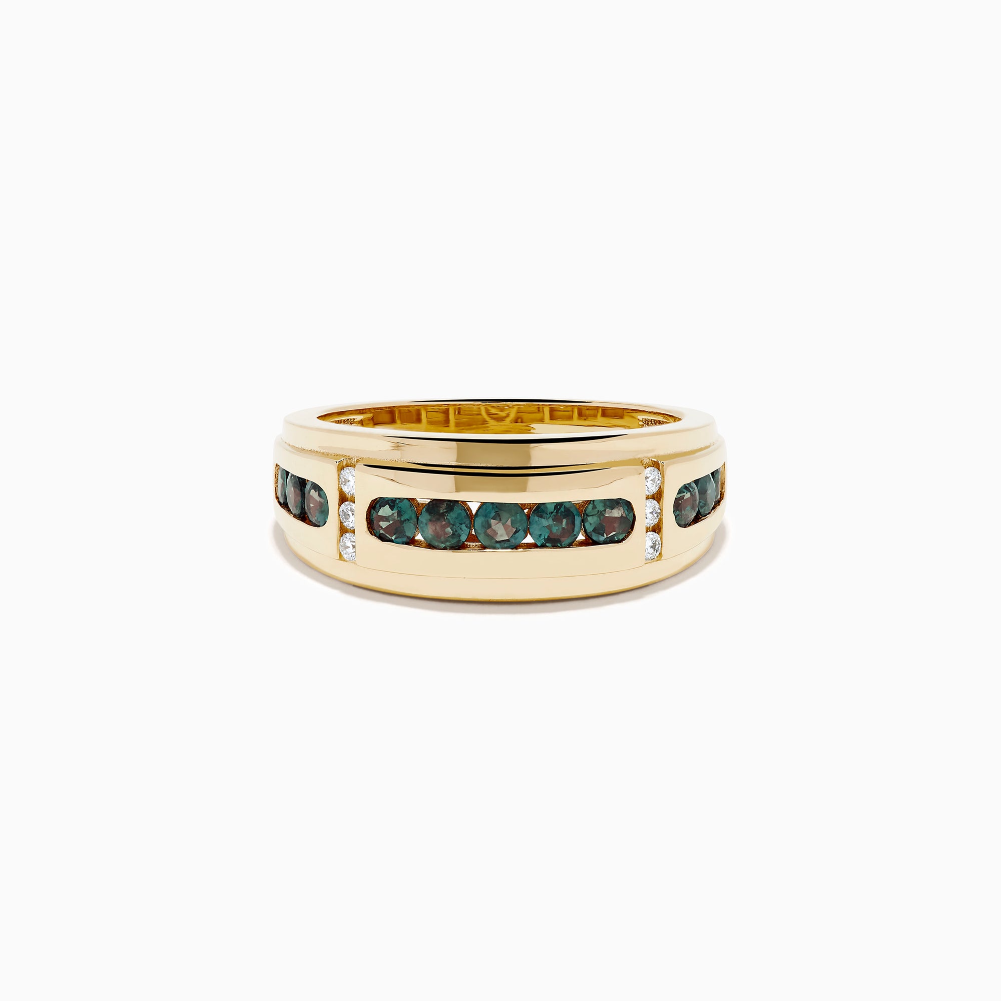 The Effy Hematian Men's 14K Yellow Gold Band features dark green alexandrite gemstones channel-set in the center, flanked by small diamonds on each side, displayed against a white background.